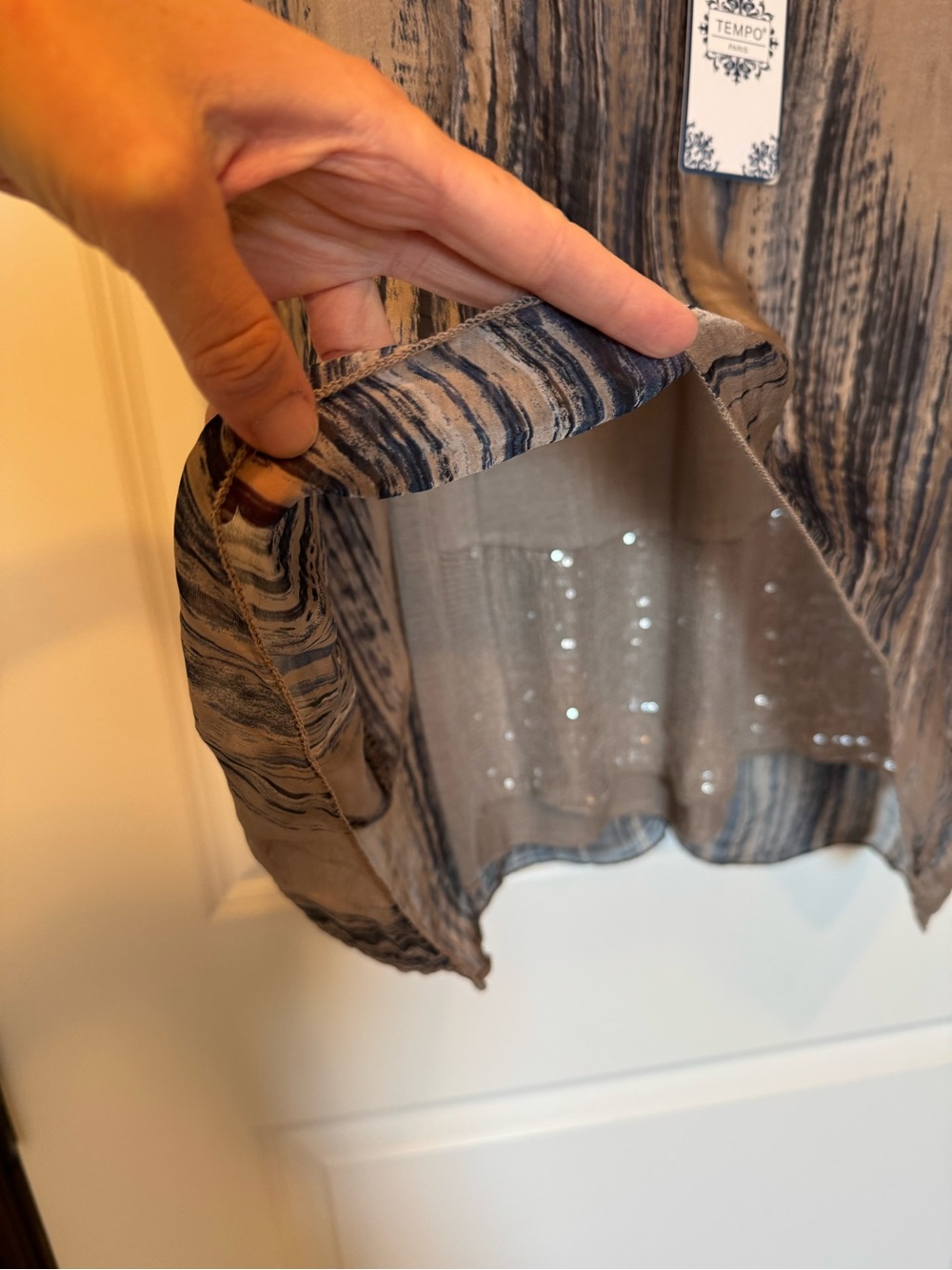 Tempo Paris Taupe and Blue Striped Silk Poncho Lined with Sequin Trim. - Picture 5 of 11